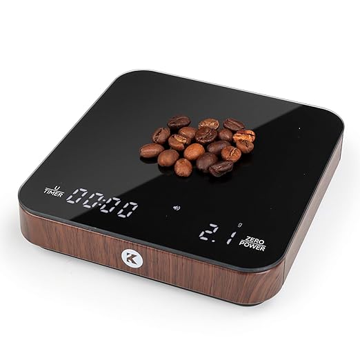 KitchenTour CaféMetric Coffee Scale with Timer 0.1g/2000g - Precision Small Scale for Espresso & Pour Over - Mini Scale with LED Display (Wood, AAA Battery)