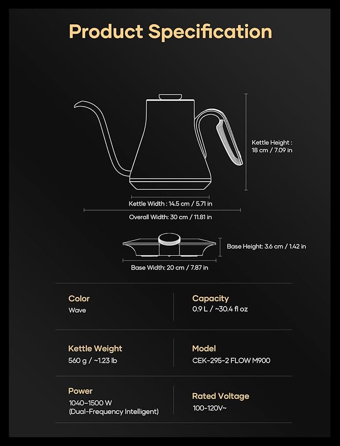 Cocinare Artisan Collection Wave Gooseneck Electric Kettle, ±0.5℉ Precise Temperature Control for Pour-Over Coffee & Tea, Quick Heating 1500W, Stainless Steel Interior, 0.9L