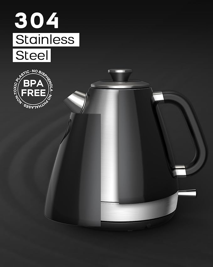 100% Stainless Steel Electric Kettle - No Plastic Contact with Water, 1.7L Retro Water Boiler with 304 Stainless Steel Inner Lid & Spout, 1200W Fast Boiling, BPA Free, Auto Shut-Off, Black