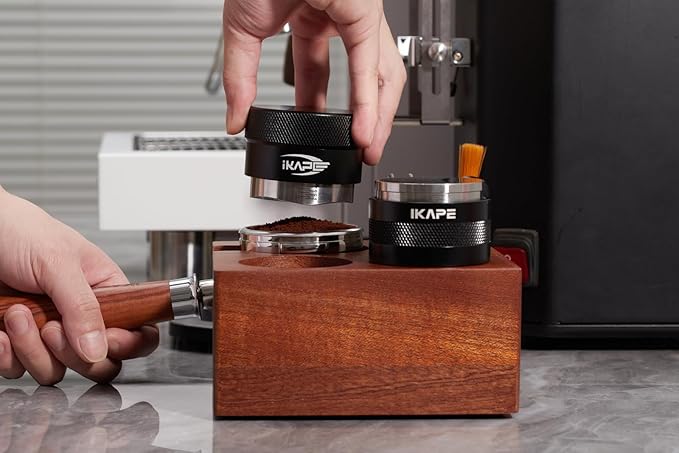 IKAPE Espresso Tamper Holder, Wooden Coffee Tamper Station Base, Natural Walnut Espresso Tamp Mat Stand Fit for 51 to 54mm Espresso Accessories - Can Adjustable Portafilters Stand Height (7 IN One)