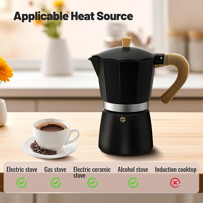 Vaolvpant 9 Cup Aluminum Moka Pot Classic Stovetop Espresso Coffee Maker 450ml 15oz Coffeemaker Percolator Mocha Pot Greca Coffee Maker Cafe Makers for Italian and Cuban Café Brewing Black