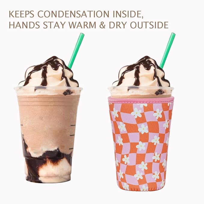 Reusable Insulated Neoprene Iced Coffee Cup Sleeve, Durable Drink Sleeve for Cold Beverages, Beverage Holder for Iced Coffee, Daisy Grid