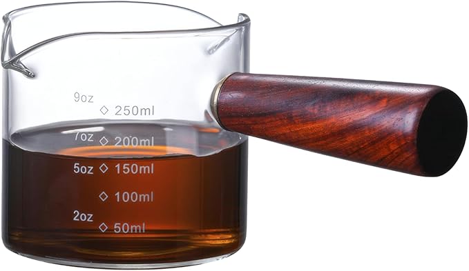250 ML Glass Espresso Measuring Cup with Wooden Handle, Dual Pouring Spouts, Ounce & ML Measurements