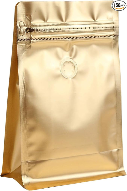 150 Pack High Barrier Stand-Up Coffee Bean Bags with Vented Valve, Matte Metallic Ziplock, Heat-Sealable and Resealable Solid Color Pouches for Food Storage, Home and Store