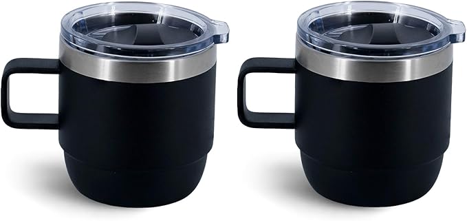 6 oz Stackable Mug, Stainless Steel cup with handle, Vacuum Insulated Espresso/Coffee Mug, shot Glass Set for 2-Piece Set for Coffee, Spirits, Wine, Tea- black