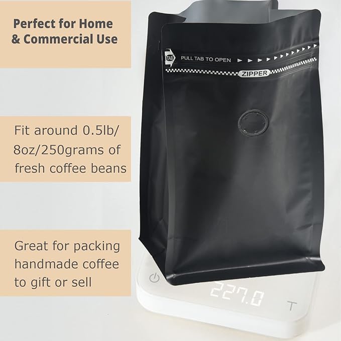 100 Count ½ LB Black Color Foil Coffee Bags with Degassing Valve, High Barrier Aluminum Foil - Flat Bottom Coffee Pouches, Food Storage Bags with Rsealable Zipper & Easy Open Tape (Pack of 100,