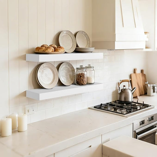 Floating Wall Shelf 16x6.8x1.7 Inch – Solid Wood Shelf in White Finish – Wall Mounted Rustic Display Organizer for Bathroom, Kitchen, Bedroom, Small Spaces – Set of 2