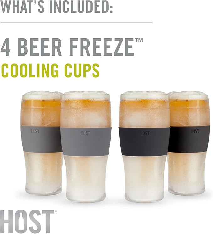 HOST Freeze Beer Glasses, 16 ounce Freezer Gel Chiller Double Wall Plastic Frozen Pint Glass, Set of 4, Black and Grey