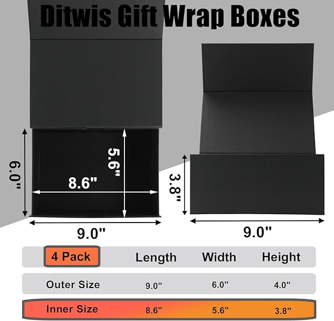 Ditwis 4 Pack 9x6x4 Inches Gift Boxes with Magnetic Closure Lids, Black Magnetic Box for Wedding, Groomsmen Bridesmaid Proposal, Birthdays, Mother's Day