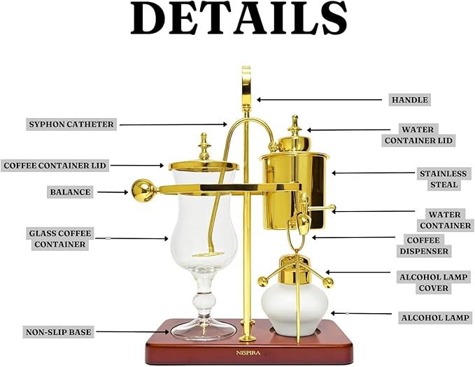 Nispira Belgium Royal Family Balance Syphon Unique Gravity Vintage Coffee Maker Vacuum Brewing System Gold 500 ml