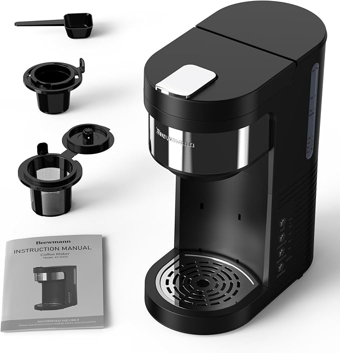 Brewmann Single Serve Hot & Iced Coffee Maker, for K Cup Pod and Grounds, 6 to 24oz Brew Size, Slim Compact for Small Spaces, Descaling Reminder, with Reusable Filters, Black