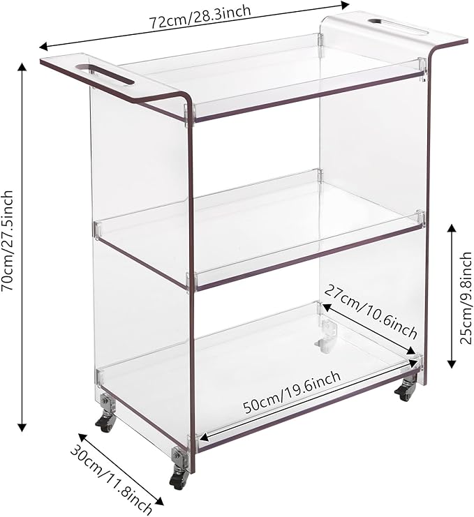 Rolling Serving Cart 3-Tier Small Bar Cart with Lockable Casters Storage Rolling Trolley 66lbs Capacity Mobile Kitchen Trolley for Home, Kitchen, Cafe (28 * 11.8 * 28.7in, Clear)