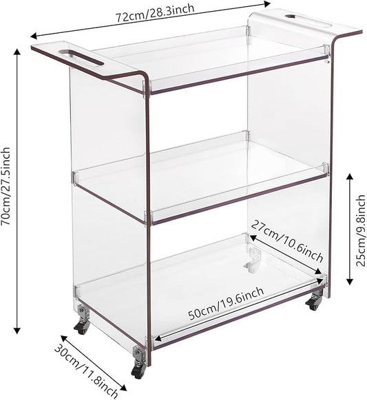 Rolling Serving Cart 3-Tier Small Bar Cart with Lockable Casters Storage Rolling Trolley 66lbs Capacity Mobile Kitchen Trolley for Home, Kitchen, Cafe (28 * 11.8 * 28.7in, Clear)