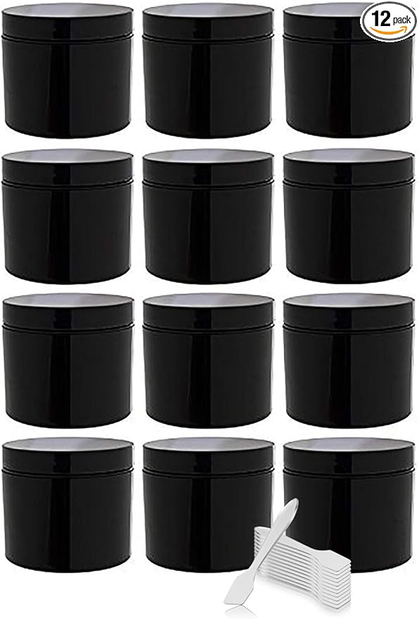 (12 Pack) 2 oz Black Double Wall Plastic Jar with Airtight Lined Lid + Spatulas