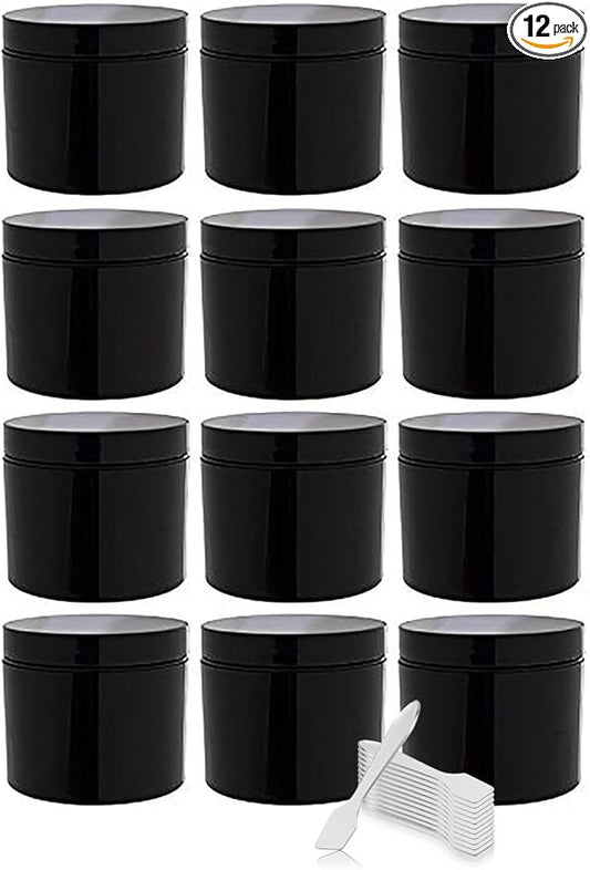 (12 Pack) 2 oz Black Double Wall Plastic Jar with Airtight Lined Lid + Spatulas