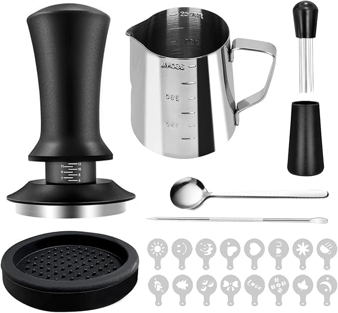 Espresso Tamper Set with Milk Pitcher, Coffee Art Pen, Stirring Spoon, Tamper Mat & 16 Stencils - Barista Tools Kit for Latte Art & Espresso Making (7 SET)