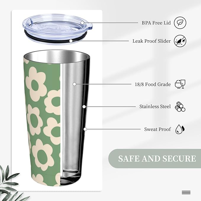 Vintage Groovy Flowers 20oz Stainless Steel Insulated Tumblers Travel Mug Cup Leakproof Gift For Men Women Hot & Cold Drinks Splash-Proof Lid Metal Straw and Brush