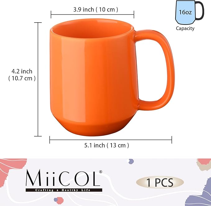 Miicol Ceramic Coffee Mug, 16 oz Large Coffee Cup, Tea Mug with Handle, Flat Bottom Mug for Men, Women, Office, Microwave and Dishwasher Safe, Multi-Color, Sun Orange