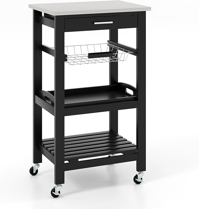 Giantex Kitchen Island Cart, Mobile Kitchen Storage Cart with Stainless Steel Tabletop, Drawer, Basket, Shelf, Serving Tray, Rolling Utility Trolley Cart on Wheels for Coffee Bar Dining Room, Black