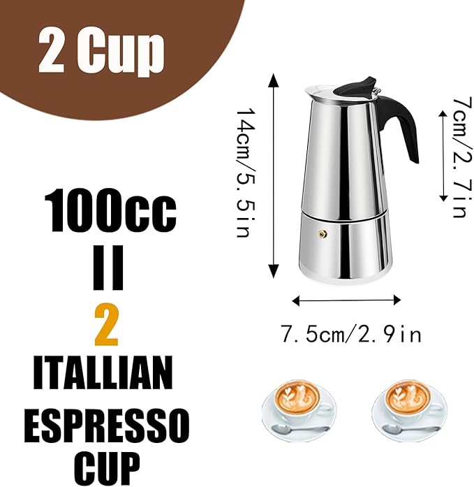 DITOSH 2 Cup Stovetop Espresso Maker Stainless Steel Moka Pot Stove Top Percolator Italian Coffee Makers Capable Mocha Greca Machine Cafe Classic Induction Cookers for Home and Camping 100ml 3.3oz