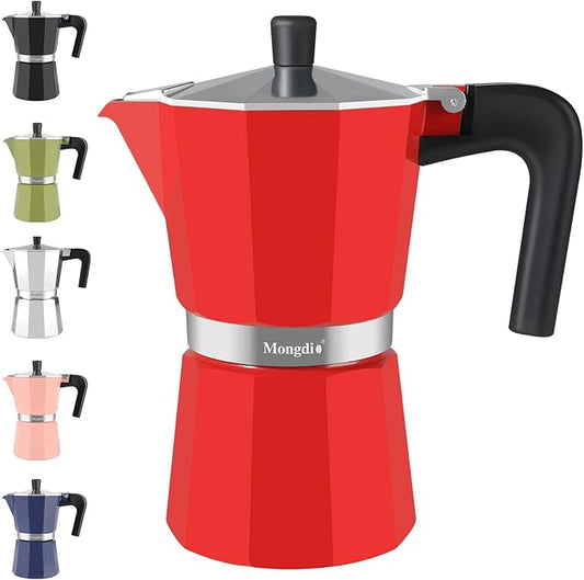 Mongdio Stovetop Espresso Maker Moka Pot, Stove Top Cuban Coffee Maker, Italian Greca Mocha Pot, 9 Espresso Cups, 15 oz - Red