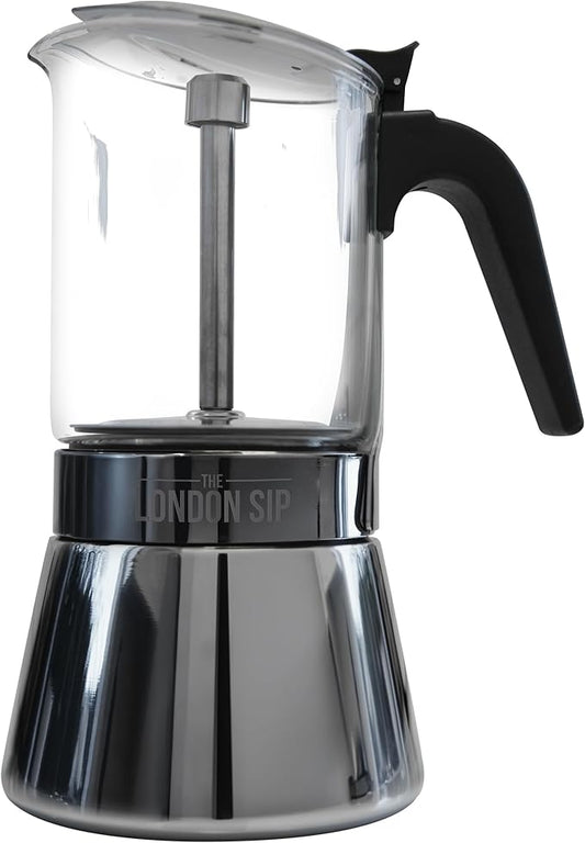 The London Sip Glass and Stainless Steel Stovetop Espresso Maker, Moka Pot Italian Coffee Percolator, Large (15.2 oz)