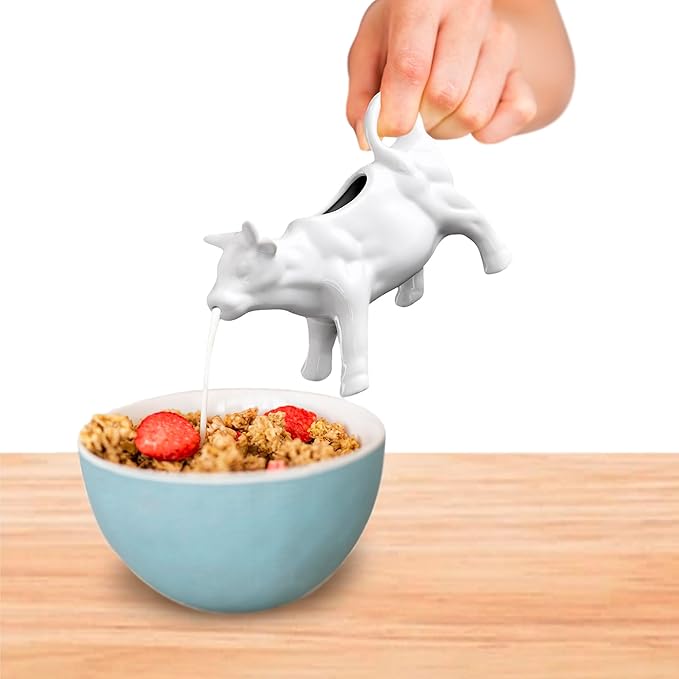HIC Kitchen Cow Creamer with Handle, Fine Porcelain, 6-Ounce, for Serving Milk, Cream, Syrup, Dressings, and Sauces