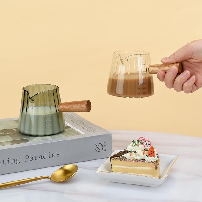Glass Measuring Cup, 6oz Creamer Pitcher with Wood Handle, Creative Milk Frothing Pitcher Creamer Shot Glass (Gray）