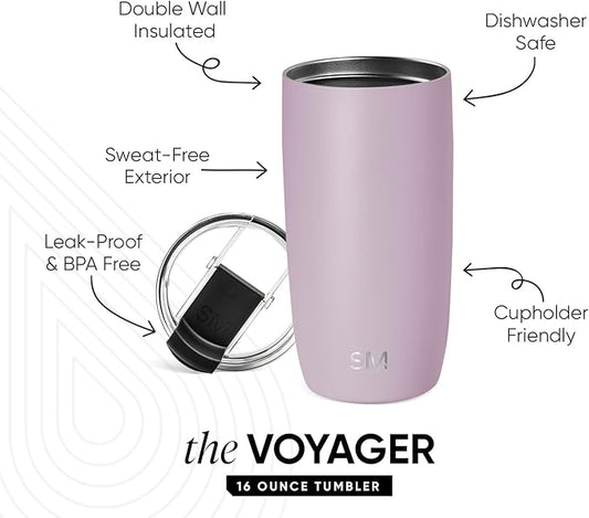 Simple Modern Travel Coffee Mug Tumbler with Flip Lid | Reusable Insulated Stainless Steel Cold Brew Iced Coffee Cup Thermos | Gifts for Women Men Him Her | Voyager Collection | 16oz | Lavender Mist