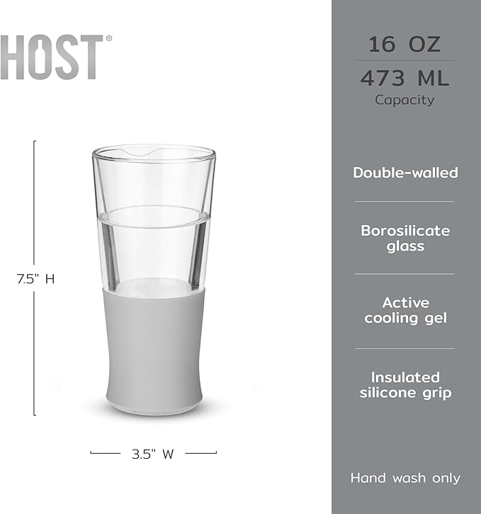 Host Glass FREEZE Double Wall Insulated Beer Glasses, 16oz Set of 2 in Gray