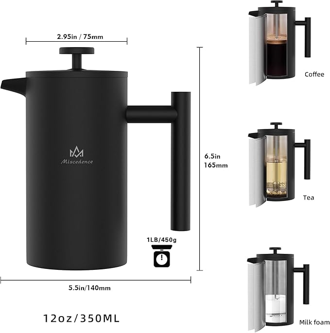 Miscedence French Press Coffee Maker, Double Wall Vacuum Insulated 304 Stainless Steel coffee press for Home, Camping and Office