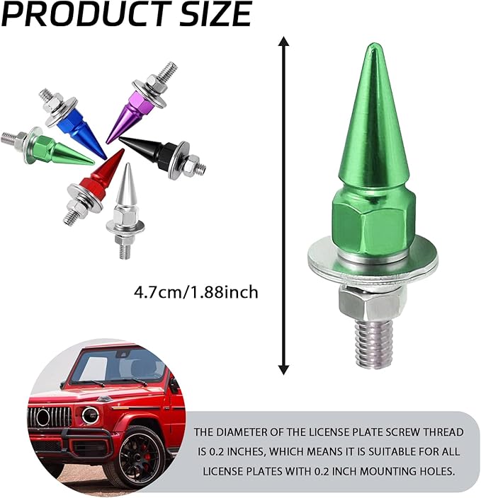 4 PCS License Plate Screws, Spike Anti Theft Motorcycle License Plate Screws Bolts Set, Aluminum Security Fasteners Kit for Car Truck Motorcycle Plate Frames, Car Decorative Accessories (Green)