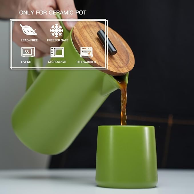 DHPO Ceramic French Press Coffee Maker, 22oz Single Serve Coffee Press with Walnut Wood Lid, Lead-Free, Food Grade Stainless Steel Filter with Dual Screen for Coffee and Loose Tea, Green