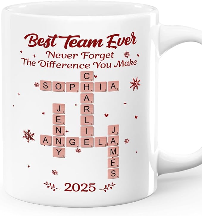 Joymade Personalized Ceramic Coffee Mug, Funny Custom Mug for Bestie, Friends, Couple, Coworker, Snowman Lovers (Best Team Ever Scrabble)