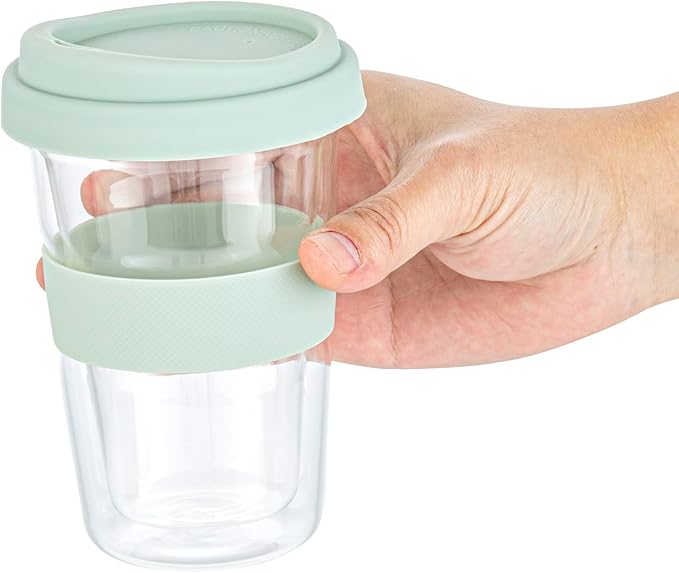 Restaurantware Glass Travel Mug 1 Count 14 Ounce Double Wall Borosilicate Reusable Coffee Cup, Spill-Resistant Mint Green Silicone Lid, Clear Drinkware Mug for Hot and Cold Beverages