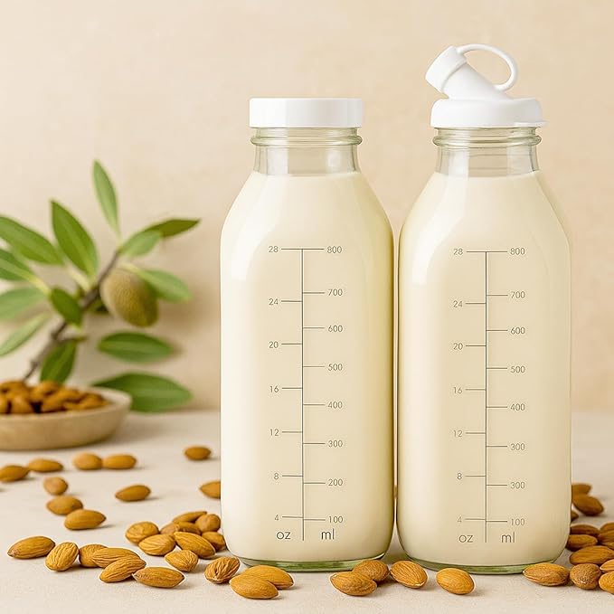 32 oz Reusable Glass Milk Bottles with Leak Proof Lid and Pour Dispenser, 1 Liter Juice Bottles with Scale, Glass Pitchers with Sleeve, Milk Storage Containers for Fridge [2 Pack]