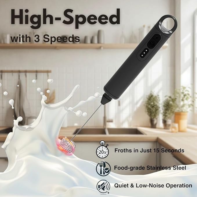 Rechargeable Milk Frother Handheld 3 Speed Coffee Foamer [3 Whisk] Electric Drink Mixer for Latte, Cappuccino, Coffee, Eggs, Hot Chocolate, Protein Black