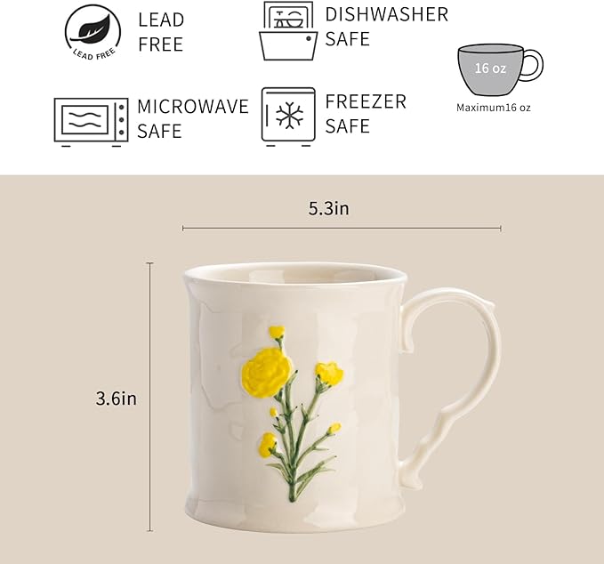 Ceramic coffee Mugs, Set of 1 Yellow Flower - 16oz, Hand-Painted, Microwave heating and dishwasher cleaning available, Ideal for Daily Brews