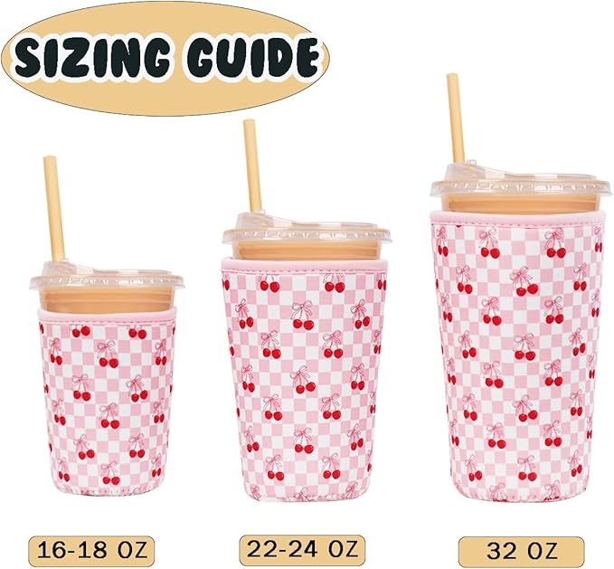 Reusable Insulated Neoprene Iced Coffee Cup Sleeve, Durable Drink Sleeve for Cold Beverages, Beverage Holder for Iced Coffee, Sweet Cherry