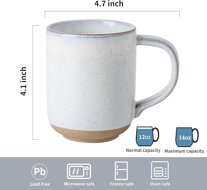HASENSE Coffee Cups Ceramic 12 OZ with Hanldes, Coffee Mugs Set of 4 for Tea, Cocoa, Milk, Latte and Cappuccino, Porcelain Coffee Cups with Speckled Patterns for Man Woman, Bluish White
