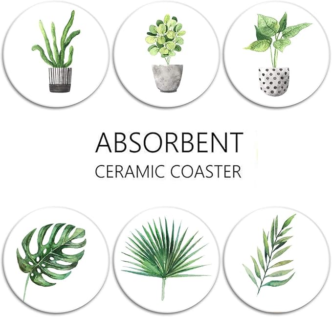 Britimes Set of 6 Coasters for Drinks Absorbent Green Leaves with Cork Base, Metal Holder, Round Stone Drink Mat for Coffee Wood Table, Gift for Birthday, Farmhouse Housewarming Room Bar Decor