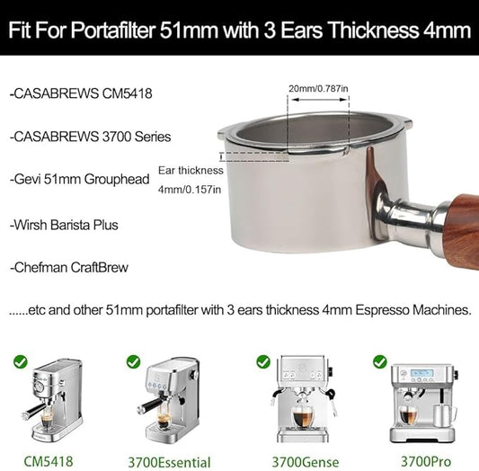 51mm Bottomless Portafilter 3 Ears Compatible with CASABREWS CM5418, 3700Essential, Mr. Coffee Espresso and Cappuccino Machine, Wirsh Espresso | Stainless Steel Filter Basket 0.3mm Pores