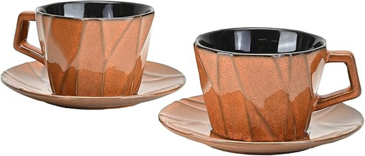 MyBudsBuzz Ceramic Espresso Cups with Saucers 6 oz,Coffe Cups for Cappuccino,Latte,Tea with Saucers Set of 2 - Geometry - Brown