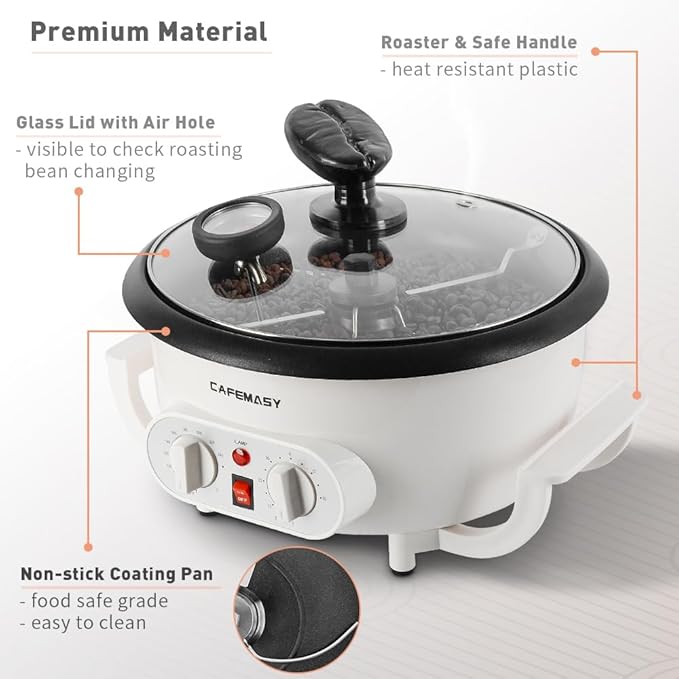 Home Coffee Bean Roaster Machine - CAFEMASY Coffee Bean Handle Design Electric Automatic Coffee Roaster with Timer and Roasting Temperature Setting