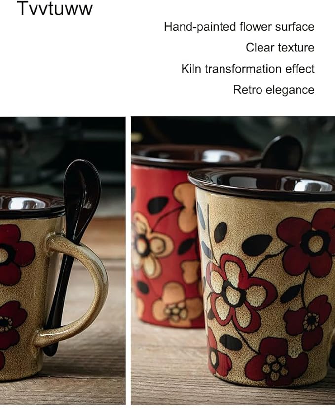 Coffee Mugs 12 oz with Spoon and Lid, Novelty Ceramic Coffee Cups for Latte, Hot Tea, Cappuccino, Mocha, Cocoa, Farmhouse Housewarming Wedding Present Christmas Mug Set - Set of 1 Flower Khaki 11.6oz