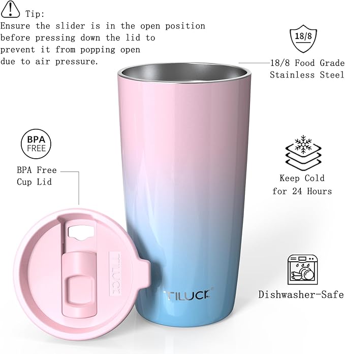 TILUCK 20 oz Tumbler with Lid, Vacuum Insulated Stainless Steel Coffee Mug, Double-Walled Travel Tumbler for Hot and Cold Drinks(PinkBlue, 20oz)