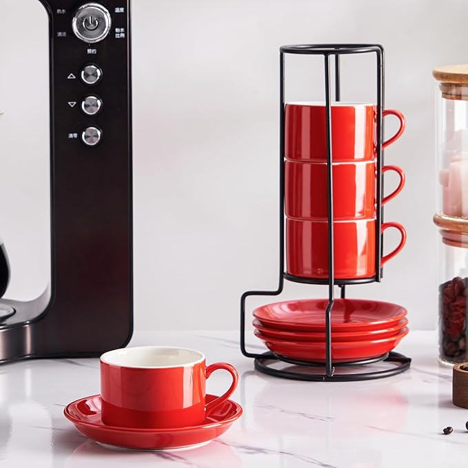 Meichu 2.5oz Porcelain Stackable Espresso Cups with Saucers and Metal Stand Set of 4, Stackable Espresso Cups Set of 4, Red Expresso Shots Cup Set for Cappuccino, Coffee Drinks, Latte, Tea