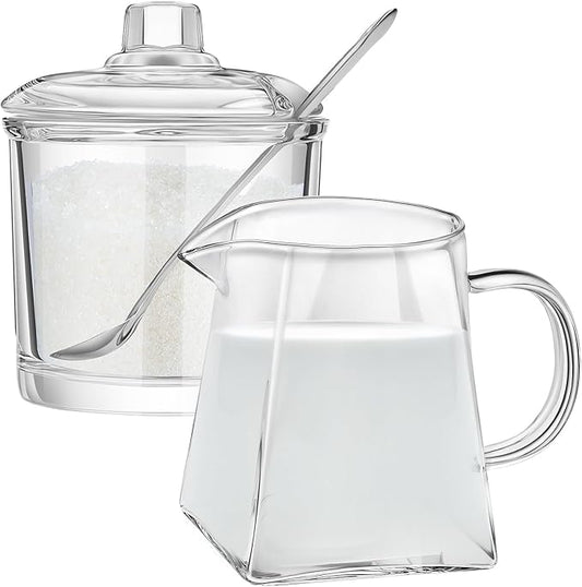 Leinuosen 2 Pcs Small Glass Creamer Pitcher with Spout Milk Frothing Pitcher Elegant Shaped Glass Coffee Tea Milk Creamer Jug Creative Milk Frother Cup (Mixed Style,350 ml)