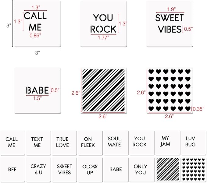 16 Pcs Valentine Conversation Hearts Cookie Stencils with Royal Icing 3x3 in, True Love/Only You/Text Me/Soulmate Love Phrase Sign Sayings Heart Stencils for Valentine's Day Making DIY Crafts