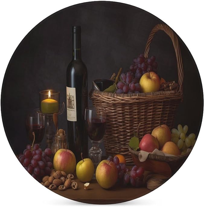 Red Wine Drink Coasters, Round Ceramic Drink Coaster Round-6PCS, Red Wine Bottle and Grapes on Wood Fruit Print Decor Absorbent Ceramic Coasters for Beverage Cup, Bar, Coffee Table